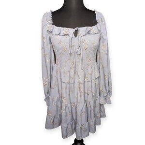 She + Sky Elegant Blue Floral Long Sleeve Dress w/ Ruffles Square Neck Size L